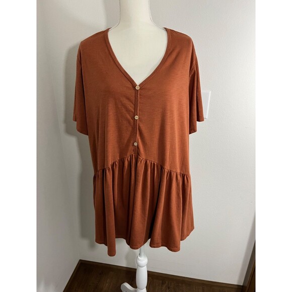 Terra & Sky Brown Rust Button V-Neck Babydoll Top Blouse Sizes 4 XL 28W-30W - Picture 2 of 6